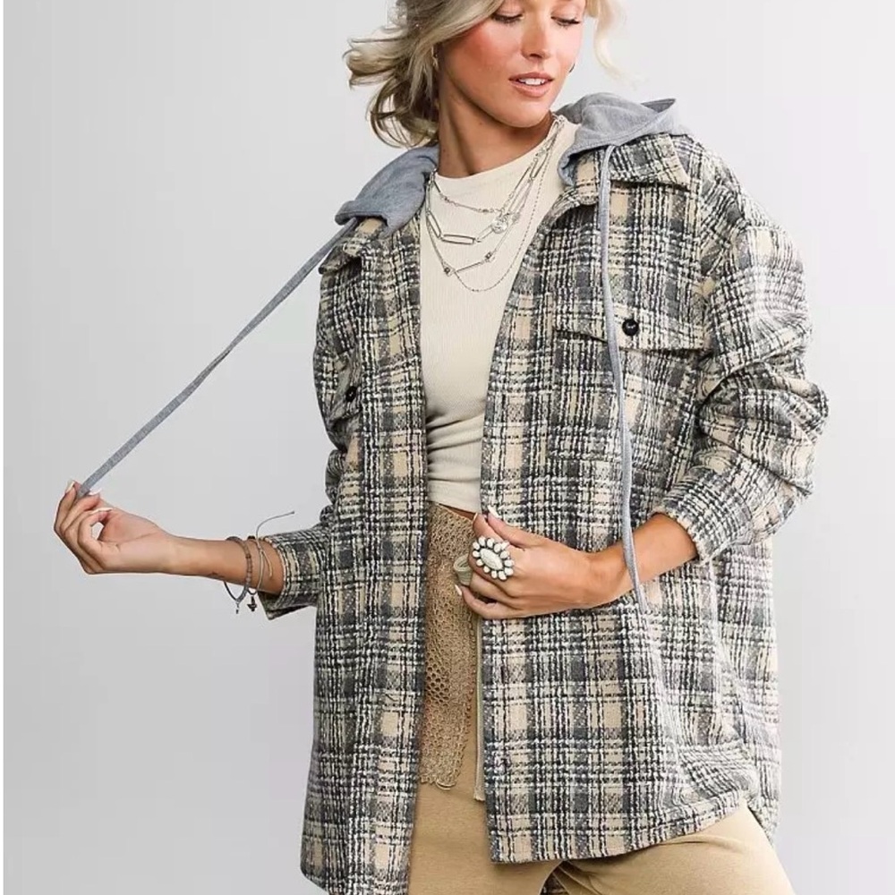 Plaid Hooded Tweed Shacket Jacket - Neutral Plaid Beige Gray Size M